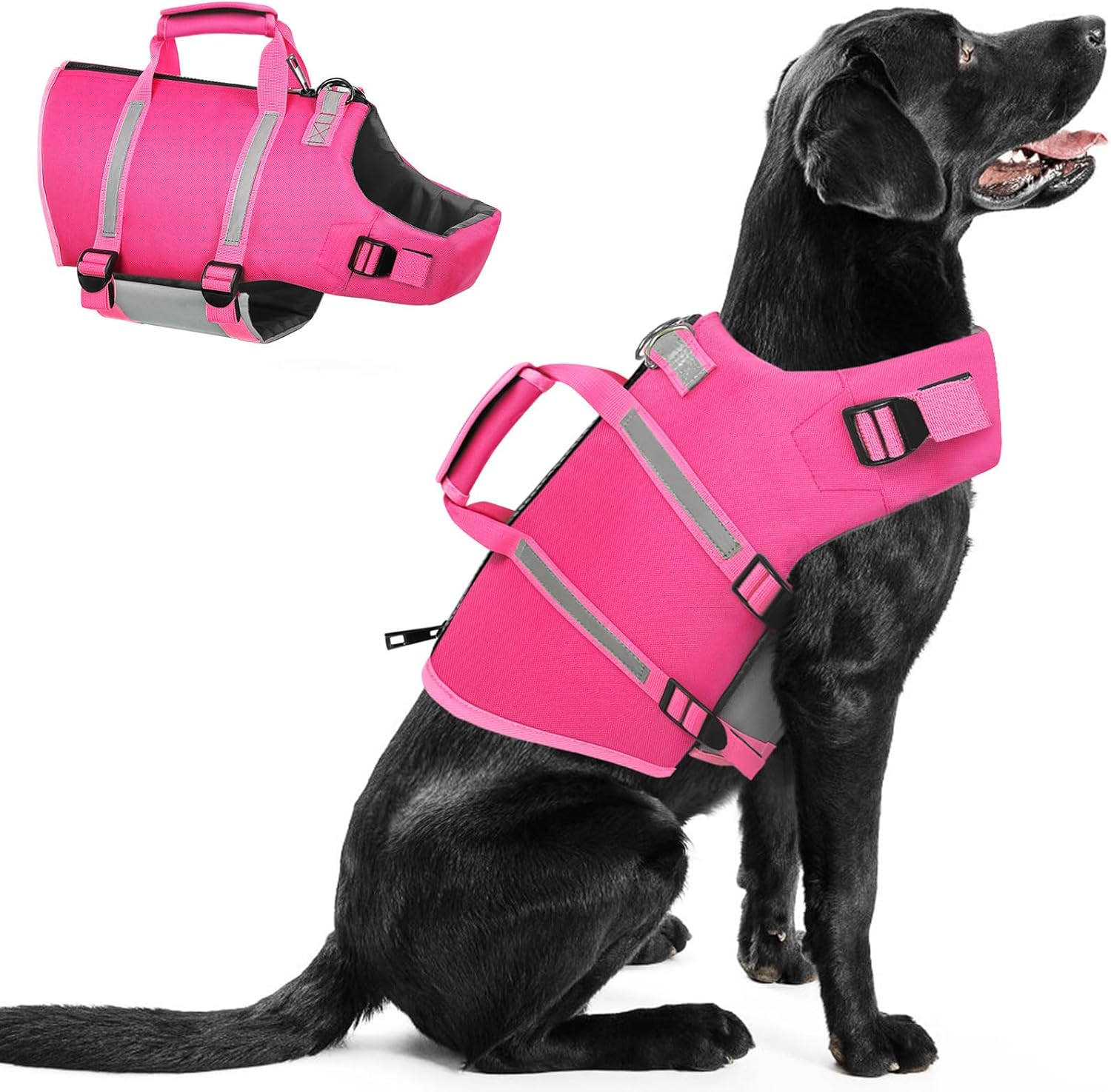 Queenmore Small Dog Life Jacket,Dog Life Vest for Swimming,Dog Floating Vest for Boating,Pet Puppy Lightweight Adjustable Reflective Lifesaver Vest with Back Zip,Rescue Handle,Leash HooK(Fuchsia S)